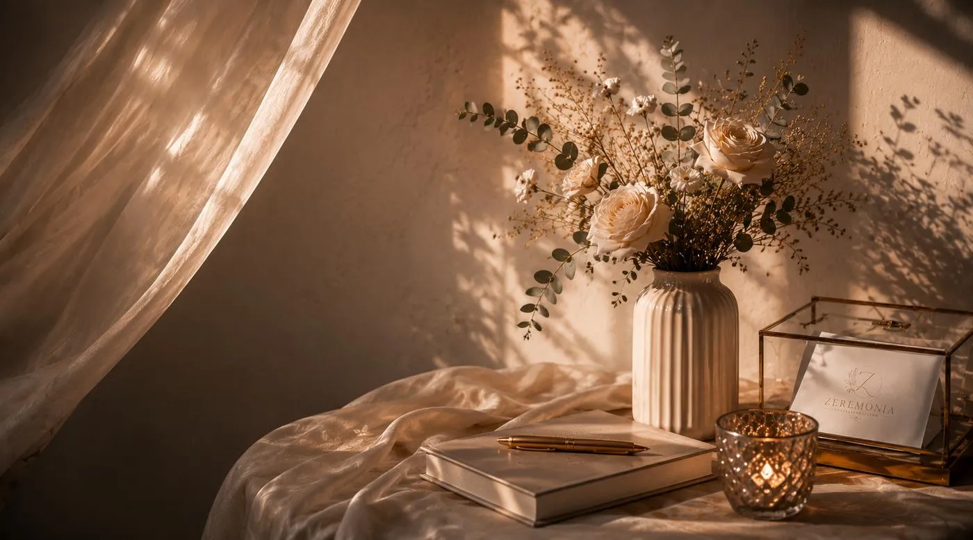Brautstrauß mit Rosen im warmen Abendlicht, daneben ein Gästebuch und Kerzenlicht